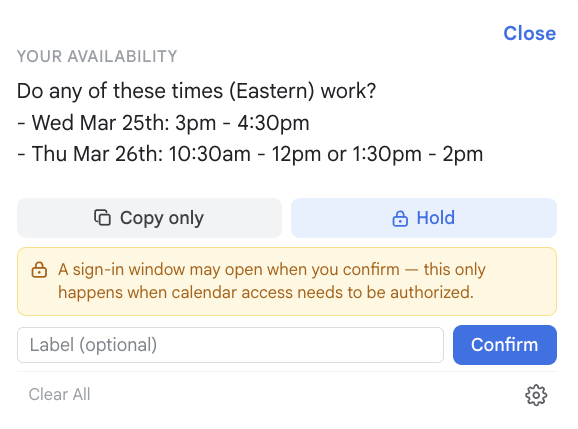 Offer Times panel showing the sign-in notice banner before confirming Hold